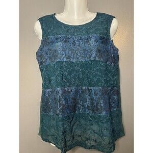 Karavan Tunic Top Womens Medium Green Beaded Embroidered Sheer Floral Boho